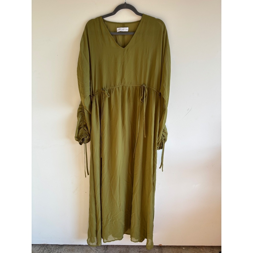 Petal and Pup Olive Green V-Neck Maxi Dress Ruched Sleeve XS - Picture 2 of 6